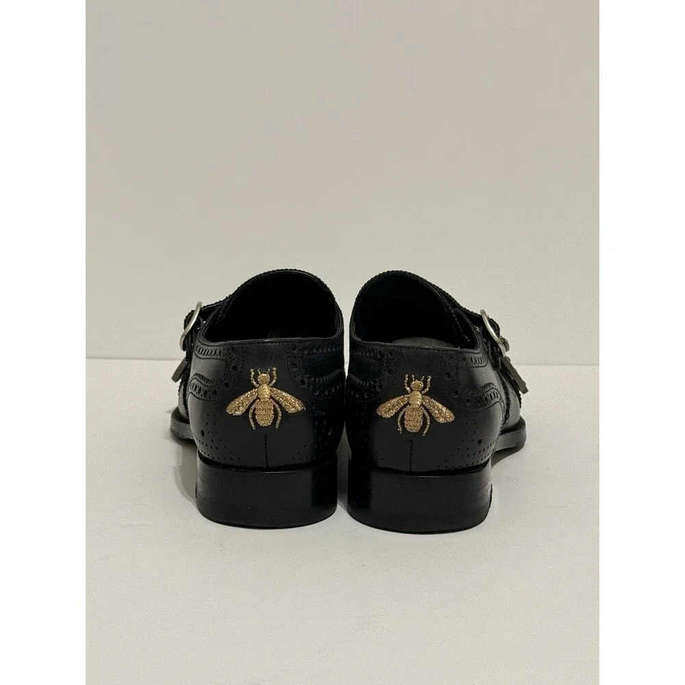 Gucci Black Leather Bee Monk Strap Wingtip Dress Shoes - EU 42 MPN 455148 - RARE